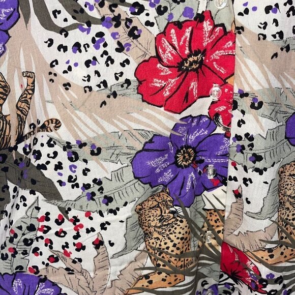 Caribou Vintage Womens Camp Shirt Size Large Cheetah Floral Print Button Down - Picture 8 of 10